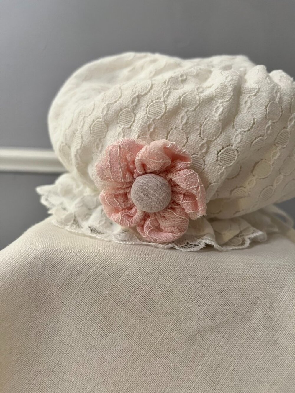 VTG Baby Bonnet Lace Rosette Heirloom Cottage-core Easter Baptism Christening